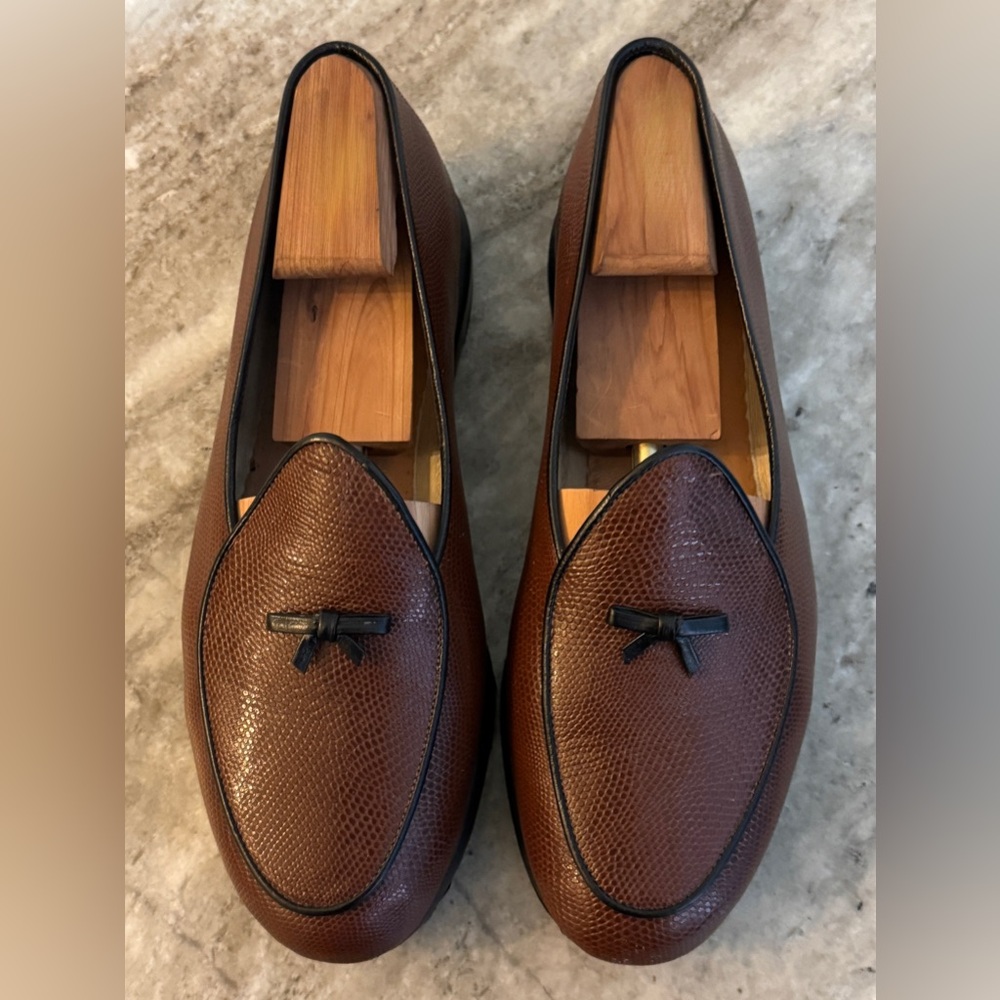 BELGIAN SHOES MR CASUAL LOAFER LIZARD BROWN SLIPPERS Sz 8.5 $800 BOW TIE LEATHER
